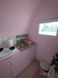 uma pequena cozinha com um lavatório e uma janela em Yellow story em Vrdnik