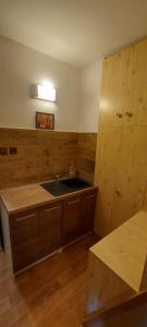 a kitchen with a sink and a wooden cabinet at Penzion Svojanov in Svojanov