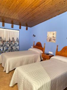 2 camas en una habitación con paredes azules en CASA RUFAS (Sierra de Guara), en Bierge