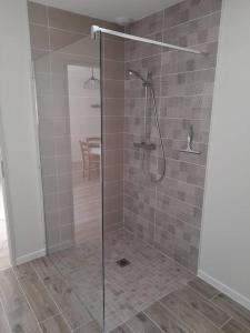 une douche avec une porte vitrée dans une salle de bain dans l'établissement Le Logis de Gatseau, aux Mathes