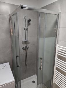 um chuveiro numa casa de banho com uma porta de vidro em T2 climatisé avec piscine au pied du tram arènes romaines em Toulouse