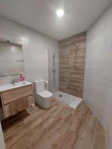 y baño con aseo, ducha y lavamanos. en SDH apartments, en Alicante