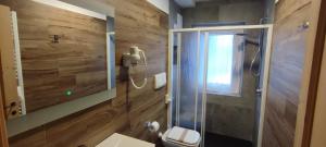 a bathroom with a toilet and a glass shower at Hotel Villa Gaia in Cortina dʼAmpezzo