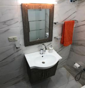 een badkamer met een wastafel en een spiegel bij Abu Hossam s chalet in Jerash