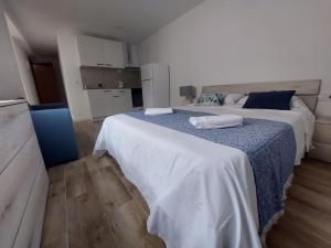 1 dormitorio con 2 camas con sábanas azules y blancas en SDH apartments, en Alicante