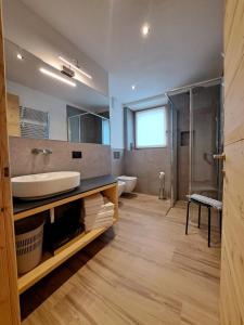 W łazience znajduje się umywalka, toaleta i prysznic. w obiekcie Bait da Pemont w Livigno