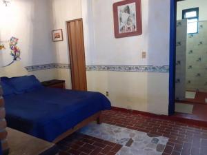 1 dormitorio con cama azul y ducha en Taxco en el Cielo 2 VIVELO!!, en Taxco de Alarcón