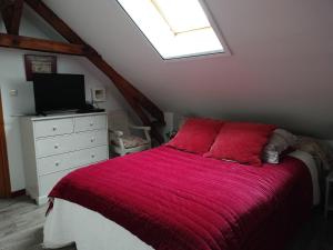 een slaapkamer met een bed met een rode deken en een televisie bij La tiote glaine in Cappelle-en-Pévèle