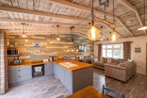 a kitchen and living room with wooden walls at Den of Joy Humberston Fitties sleeps 6,hot tub,log burner in Cleethorpes