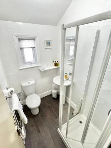 a bathroom with a shower and a toilet and a sink at Belle Dene Guest House in Paignton +61 photos