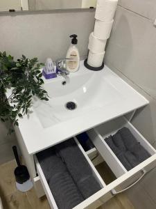 lavabo blanco con toallas y planta en Apartamento La Saeta, en Jerez de la Frontera