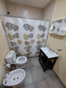 a bathroom with a toilet and a sink and a shower curtain at Vientos del Sur in Río Gallegos