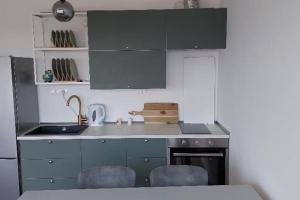 una cocina con armarios grises, fregadero y sillas en Fiume Panorama Residence with free garage, en Budapest