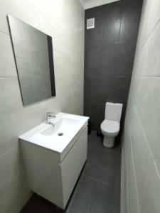 a bathroom with a white sink and a toilet at Residencias Ana Carmen in Viana do Castelo