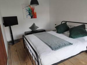 een slaapkamer met een bed met groene kussens en een lamp bij Ferienwohnungen Klosterhof1595 in Sipplingen
