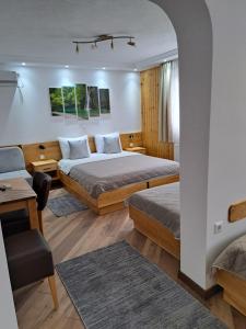 傑澤拉的住宿－湖濱旅館，酒店客房设有两张床和一张桌子。