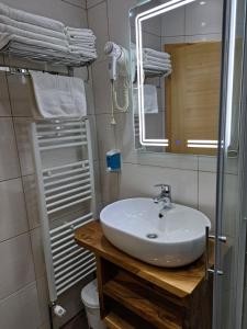 W łazience znajduje się umywalka, lustro i toaleta. w obiekcie Lake House w mieście Jezerce