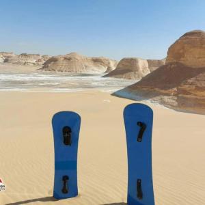 two blue snowboards sitting on the sand on a beach at stars camp oasis in Bawiti