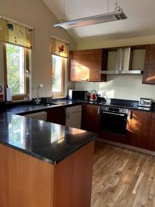 a kitchen with wooden cabinets and a black counter top at Ballyhoura Forest Home in Ballyorgan