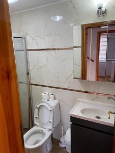 ein Badezimmer mit einem WC, einem Waschbecken und einem Spiegel in der Unterkunft Can’s Homes in Kusadası