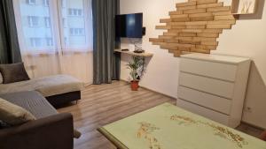 a living room with a couch and a tv at Apartament na Moniuszki in Legnica