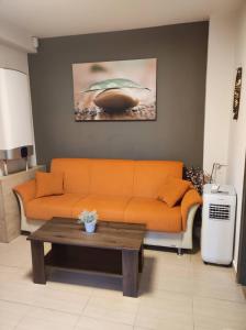 a living room with an orange couch and a coffee table at Green garden apartment in Szeged