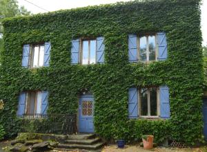 an ivy covered house with a blue door at Le Puy Robin in La Souterraine