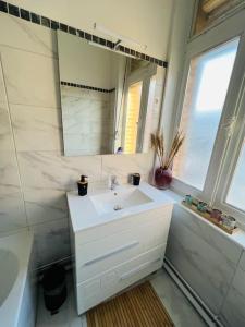 La salle de bains blanche est pourvue d'un lavabo et d'un miroir. dans l'établissement Duplex 100m2, 3 Chambres, Centre, Garage, à Valenciennes