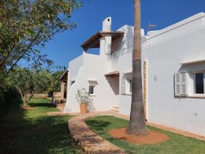 a white house with a palm tree in the yard at Casa Sylvia Cala D'OR in Cala d´Or