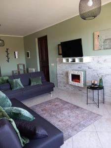 sala de estar con sofá y chimenea en Etna Green House, en Zafferana Etnea