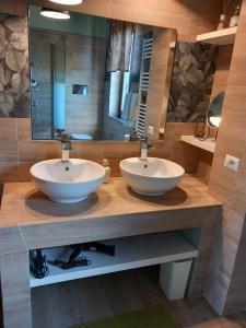 baño con 2 lavabos y espejo grande en Etna Green House, en Zafferana Etnea