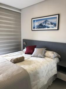 una camera da letto con un grande letto con cuscini sopra di Monte Fuji ~ GRU 39m2 a Guarulhos