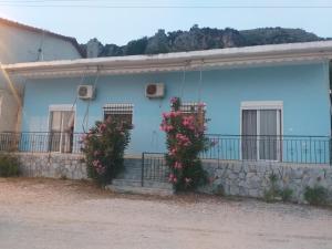 a blue house with flowers on the balcony at IONIAN PEARL in Borsh
