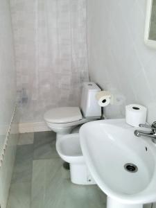 Arc House Plaza في إشبيلية: حمام ابيض مع مرحاض ومغسلة
