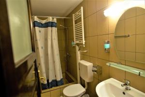 een badkamer met een douche, een toilet en een wastafel bij Casa Moroeni in Moroeni