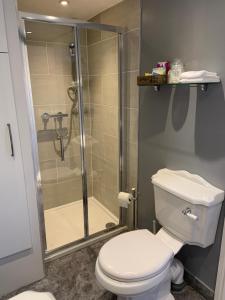 a bathroom with a white toilet and a shower at Scott’s lodge in Kent