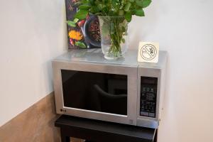 a vase of flowers sitting on top of a microwave at Premium Wenceslas Square Apartments in Prague