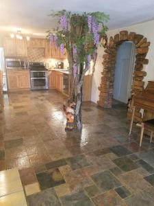 una cucina con un vaso con fiori viola di Your comfy home in Colorado Springs a Colorado Springs