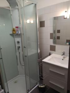 a bathroom with a shower and a sink at Studio Le Lacuzon avec piscine et tennis extérieurs in Les Rousses