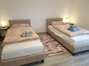 duas camas sentadas uma ao lado da outra num quarto em Ferienwohnung Varli em Tuttlingen