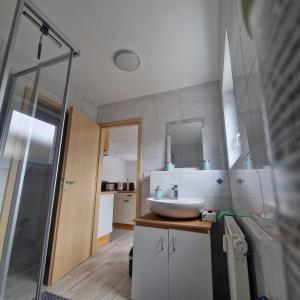 a bathroom with a sink and a shower at Ferienwohnung Varli in Tuttlingen