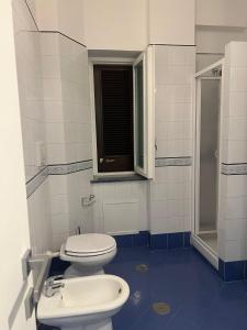 La salle de bains est pourvue de toilettes, d'un lavabo et d'une douche. dans l'établissement IL FARO in centro vicino Pompei Amalfi Sorrento, à Castellammare di Stabia