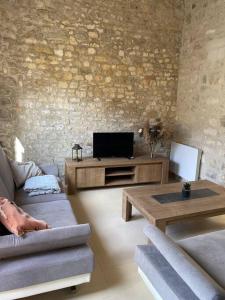 een woonkamer met een bank en een tv bij Maison cosy proche centre ville in Compiègne