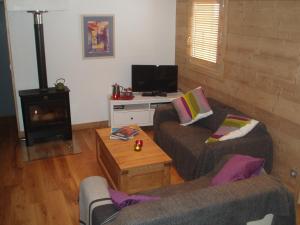 sala de estar con 2 sofás y chimenea en Chalet Rum Doodle, en Pralognan-la-Vanoise