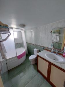 uma casa de banho com um lavatório, um WC e um chuveiro em Glapsides Sea Villa em Famagusta