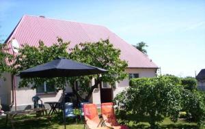 a house with an umbrella and chairs in the yard at Agroturystyka Pod Brzozami in Karsibór