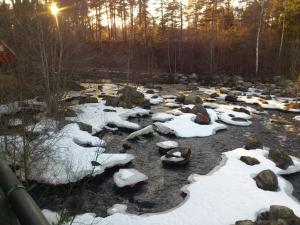 a river covered in snow with rocks and trees at Ruth's bed and own breakfast in Skutskär