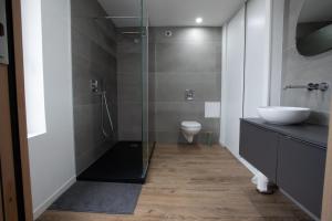a bathroom with a shower and a sink and a toilet at Escapade Eudoise in Eu