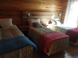 Habitación con 3 camas en una cabaña de madera en Pousada Vila dos Butias, en Urubici
