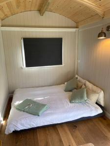 a bedroom with a bed in a room with a tv at The Witterings Shepherds’ Hut in West Wittering